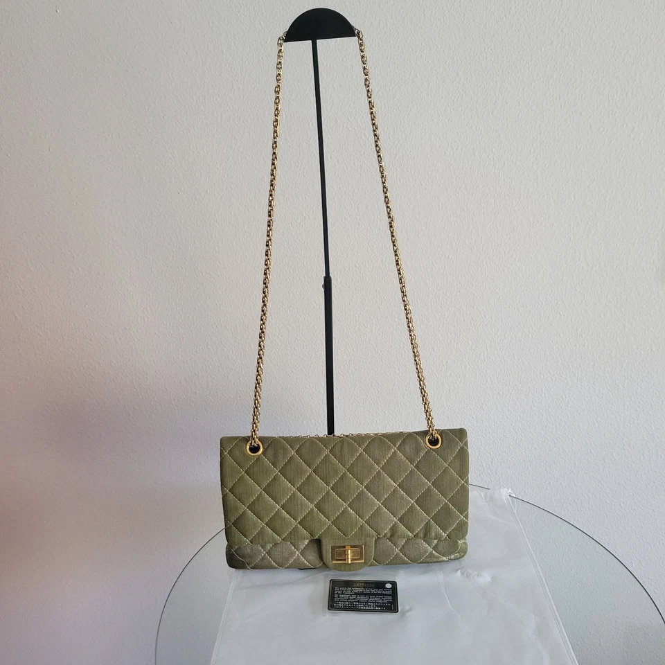 Chanel Khaki Metallic Coated Denim 2.55 Reissue 227 Double Flap Bag - Image 2 of 4