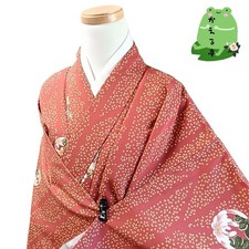 Kaerutei Kimono Synthetic Fiber Red Brown Floral Pattern Used Japan