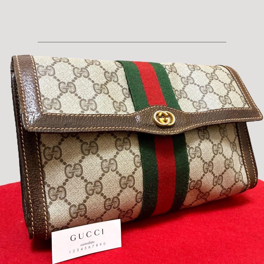GUCCI GG Shelley Brown Leather Clutch Bag Japanese Import Preowned