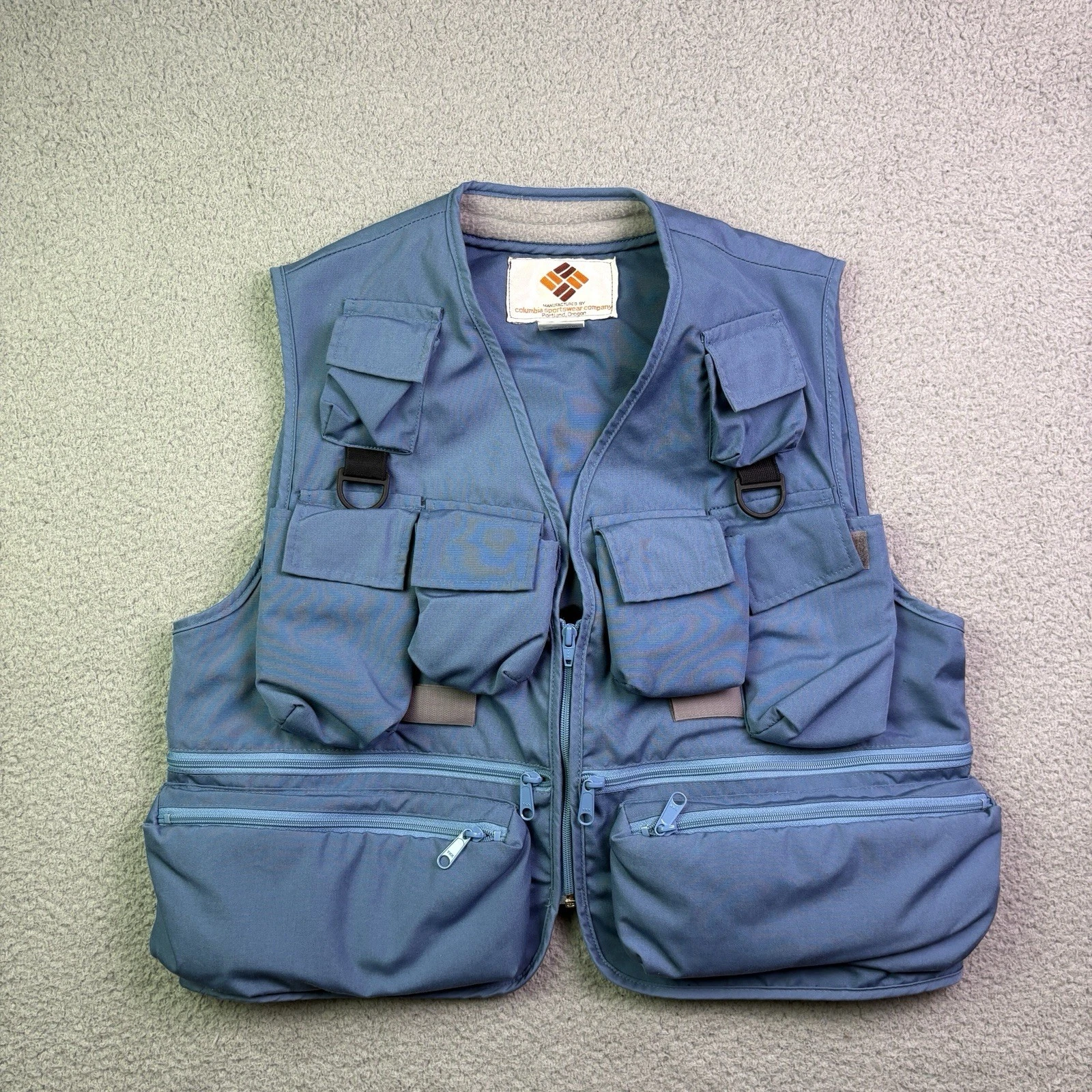 Vintage Comumbia Fly Fishing Vest Mens Medium Blue Utility Pockets