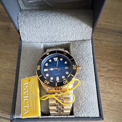 Invicta Herren Automatik Taucheruhr Datum Sichtboden gold/blau Box Anleitung