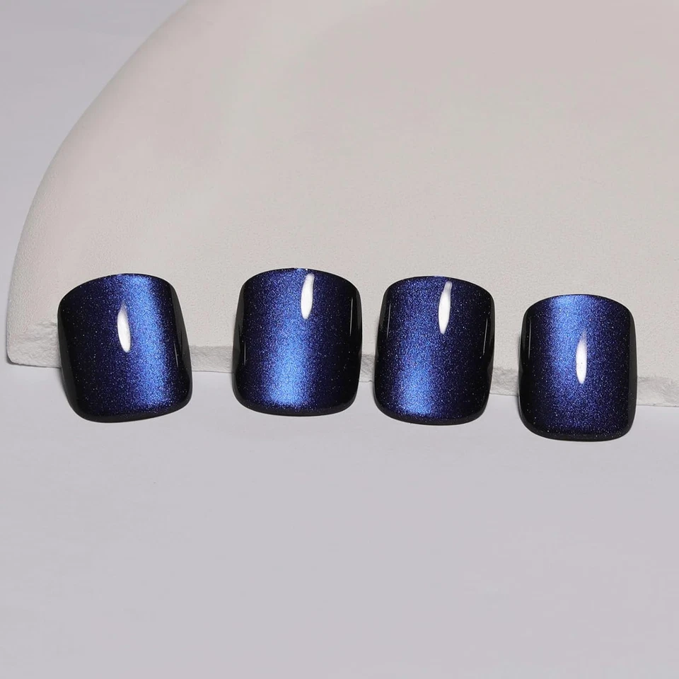 Azul Oscuro Prensado en Uñas Cuadradas - Uñas Falsas Cortas Ojo de Gato con Cambio de Color G Foto 4 de 4