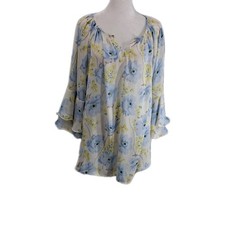 Chaps Top Womens XL Blue Yellow Peasant Blouse Gauze Coquette Bell Sleeve Y2K