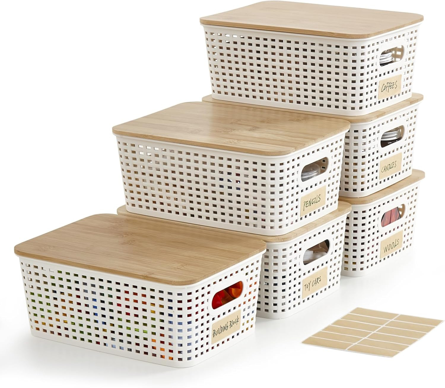 Small Plastic Storage Bins with Bamboo Lids 5.2Qt Stackable Box Basket Pantry De