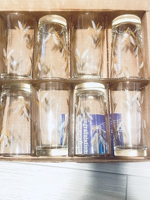 Libbey Glasses Vintage Wheat Spray Design Tumblers Gold Rim 5.5'' Set of 8
