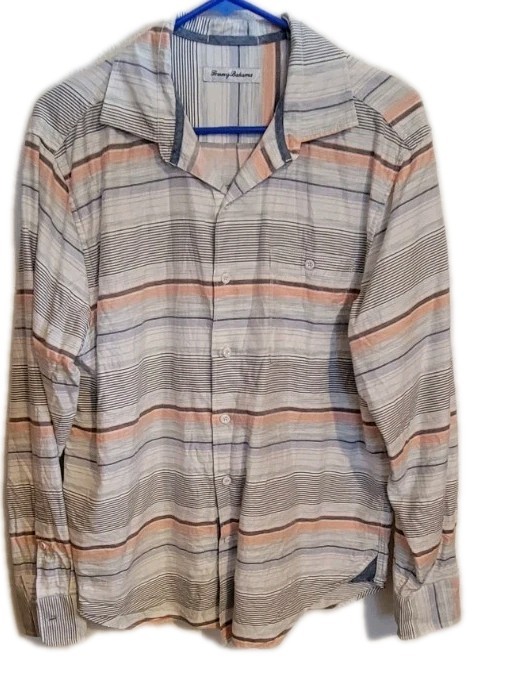 Tommy Bahama Mens Coral Horizon Stripe Shirt Long Sleeve Cotton Tencel Med Beach