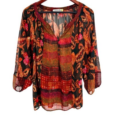 Figueroa & Flower Womens XL SHEER Boho Tropical Artsy Blouse Shirt Top