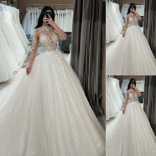 Long Sleeves Ball Gown Wedding Dresses Sexy Lllusion V Neck Applique Bridal Gown