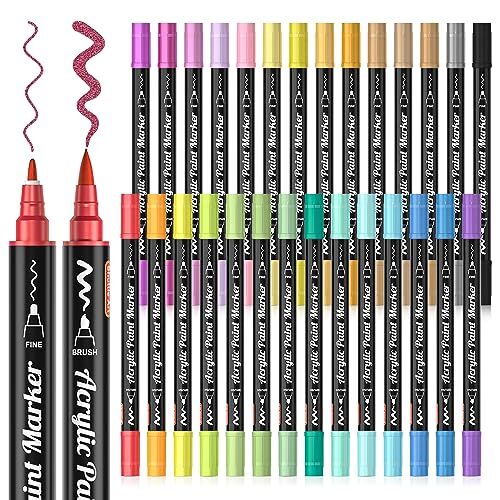 28 Metallic Colors Dual Tip Acrylic Paint Markers Brush Tip and Fine Tip Acry...