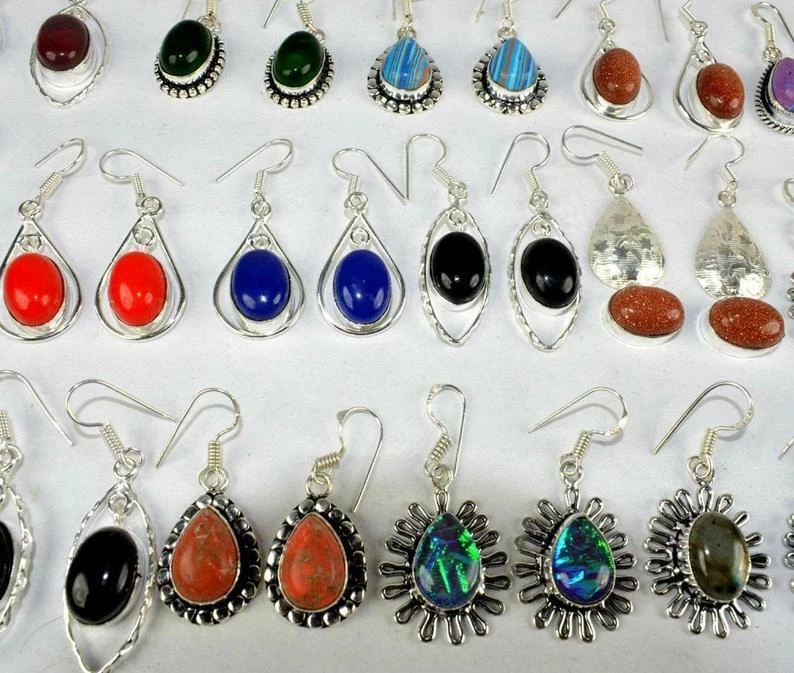 Venta al por mayor Lote de pendientes de piedras preciosas enchapados en plata pendientes hechos a mano MR-002 Foto 4 de 4