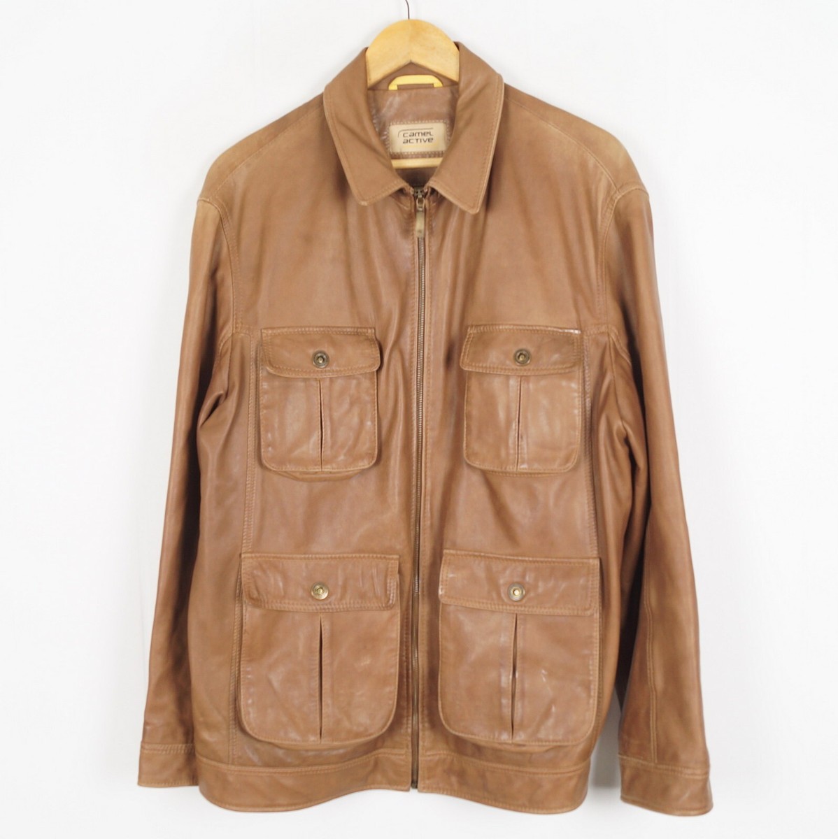 CAMEL ACTIVE Men's Leather Jacket Size 52 Brown Collared Zip