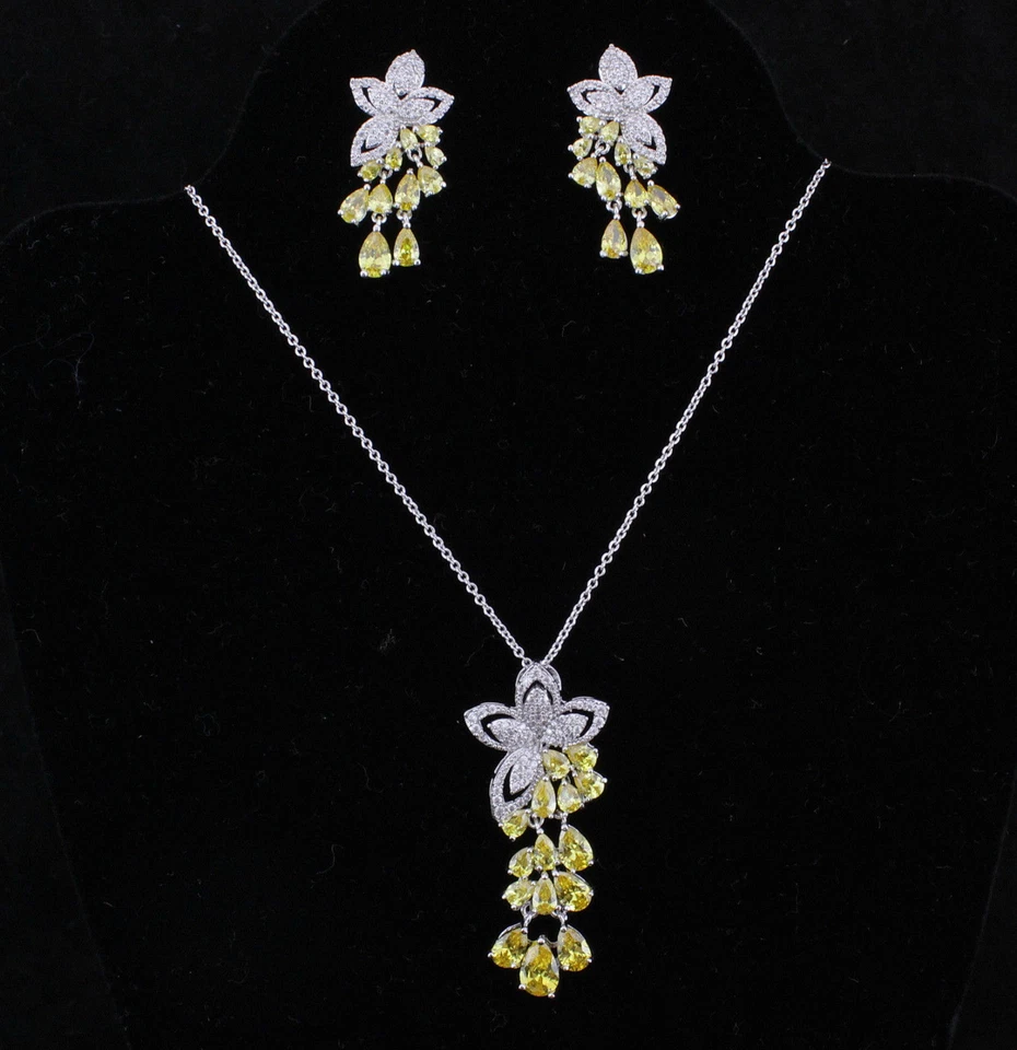 Conjunto de aretes colgantes de cristal de circonita cúbica con circonita cúbica de circonita cúbica de flor amarilla CZ907 Foto 2 de 4