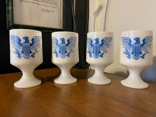 HAZEL ATLAS Vintage White Milk Glass (4) 10 oz. Pedestal FEDERAL EAGLE MUGS -XPO