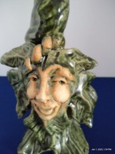 Candlestick Art Pottery Sculptured face & Leaves, Signed Rebecca Love