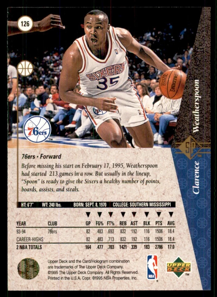 1994-95 Upper Deck SP Clarence Weatherspoon Basketball Cards #126 - Image 2 of 2