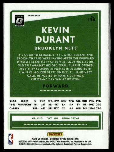 Kevin Durant 2020-21 Donruss Optic Silver Pulsar #136 Brooklyn Nets - Bild 2 von 2