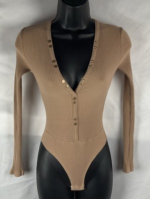 Makers of Dreams Size S  Cotton Ribbed Deep V Snap Front Beige Body Hugging