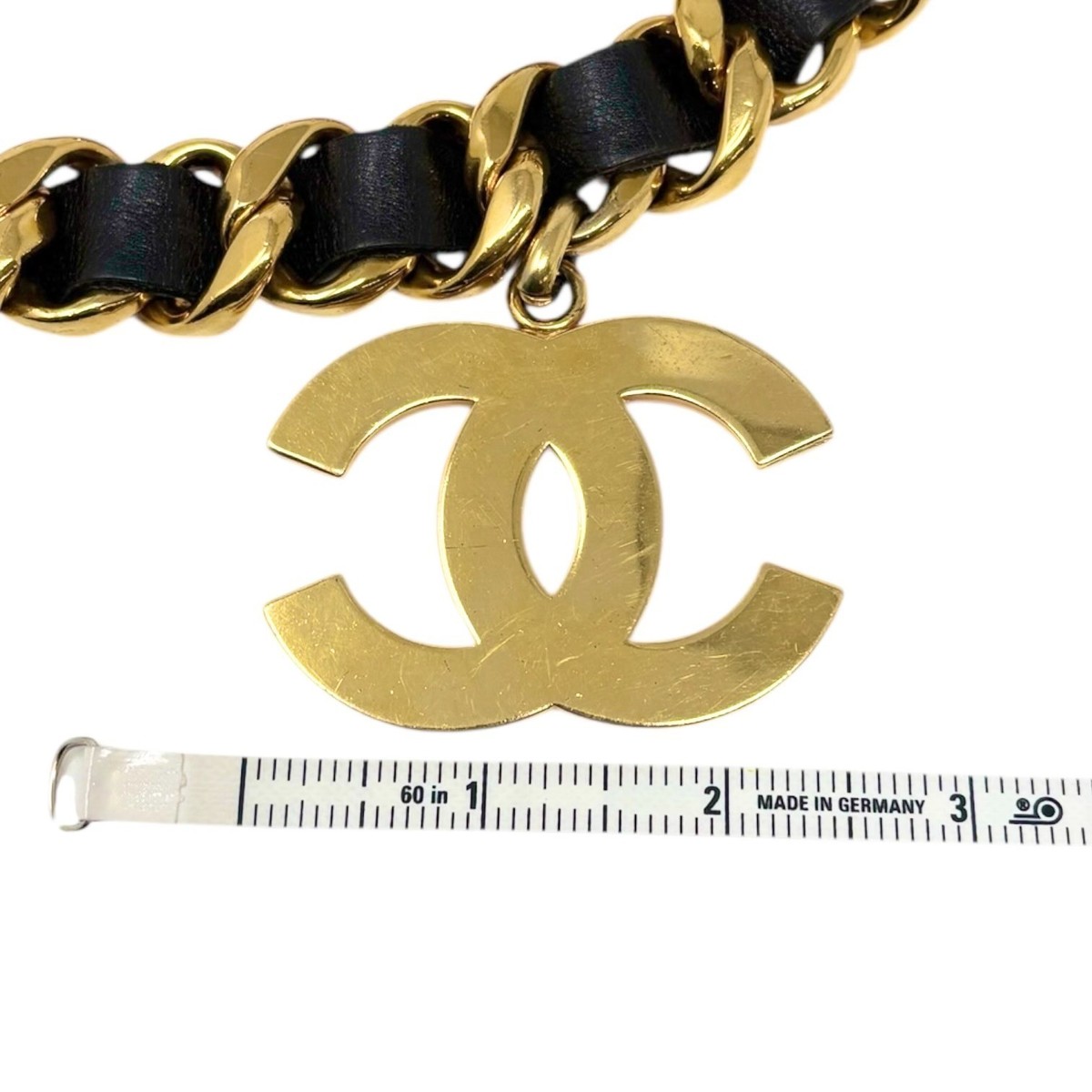 CHANEL Vintage 93A Jumbo CC Logo Metal Gold Chain Belt Leather