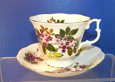 Royal Albert Bone China English Teacup & Saucer Set Purple Violets Floral Footed