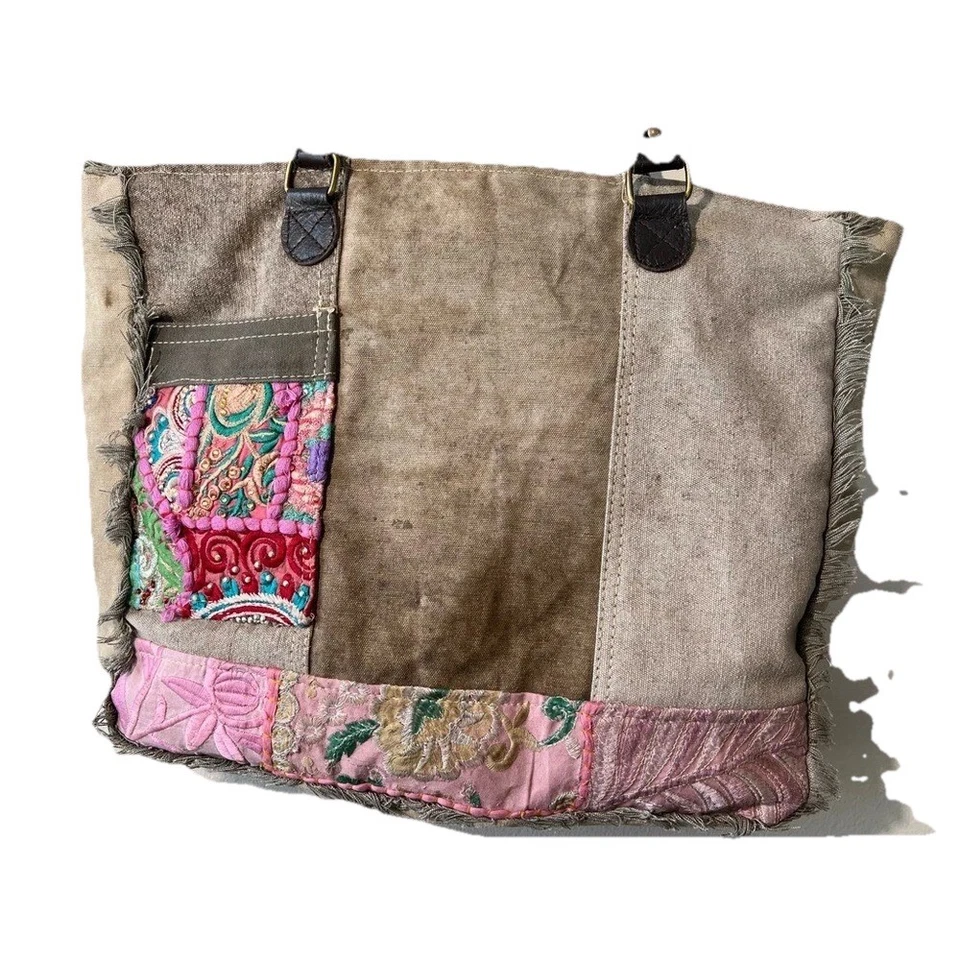 Vintage Addiction Tote Bag Recycled Tent Embroidered Textiles Distressed Boho - Image 2 of 4