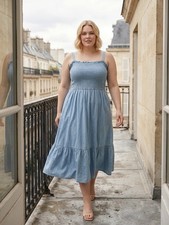 GAP Blue Chambray Smocked Square Neck Strappy Midi Sundress Women XL Denhim