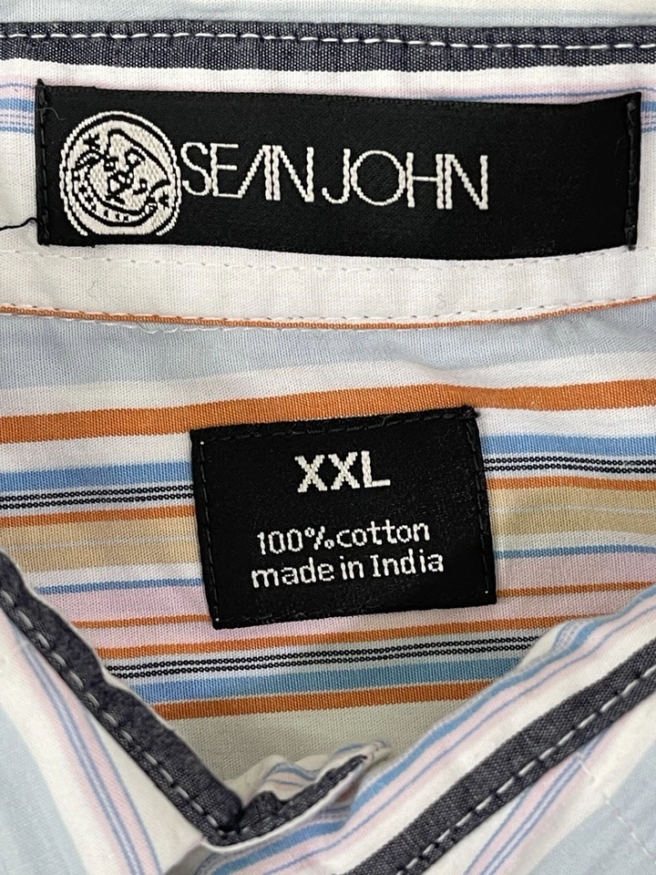 Camisa abotonada vintage Sean John blanca naranja azul a rayas para hombre XXL Hip Hop Y2K Foto 4 de 4