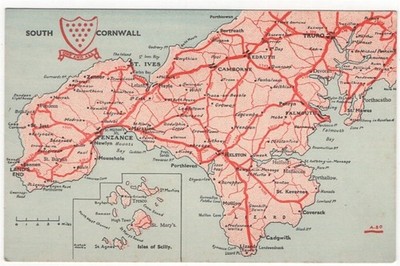 South Cornwall Map England Vintage Postcard Chrome