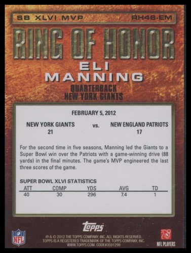 2012 Topps #RH46-EM Eli Manning Ring of Honor: Eli Manning - Picture 2 of 2