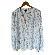 Ann Taylor Sz XL White Blue Floral Ruffle Button Front Blouse Office Spring