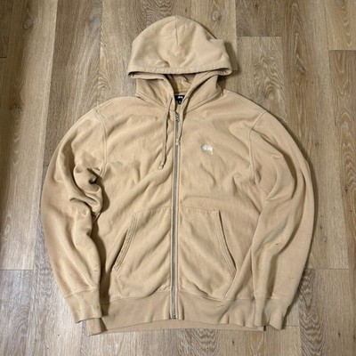 Stussy Stock Logo Zip Hoodie Mens XL Beige Sweatshirt Embroidered