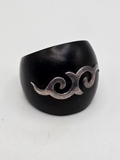 Wood Silver Tone Scroll Dome Ring Size 7
