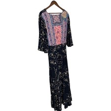 Tribal Women's M Wrap Dress Boho Black Floral Vneck Long Oversized Fairy NEW
