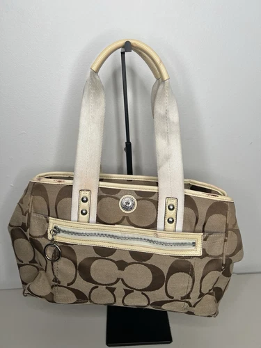 Borsa a tracolla Coach Chelsea Signature marrone tela bianca vernice pelle