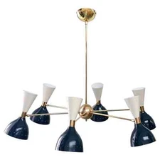 Six Arms Brass Chandelier White & Blue Pivot Shades Stilnovo Style Pendant Ligh