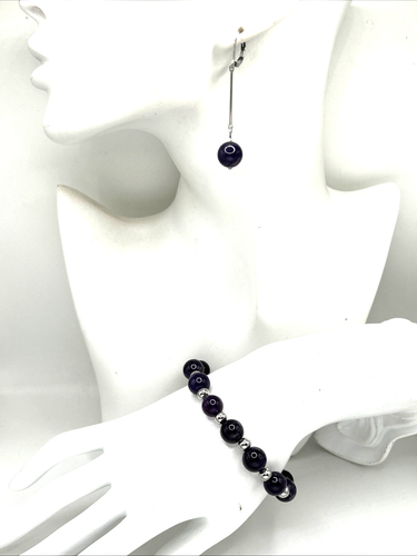 Genuine Amethyst Purple Beaded 2pc Set: Dangle Earrings &7.5" Stretch Bracelet - Picture 2 of 3