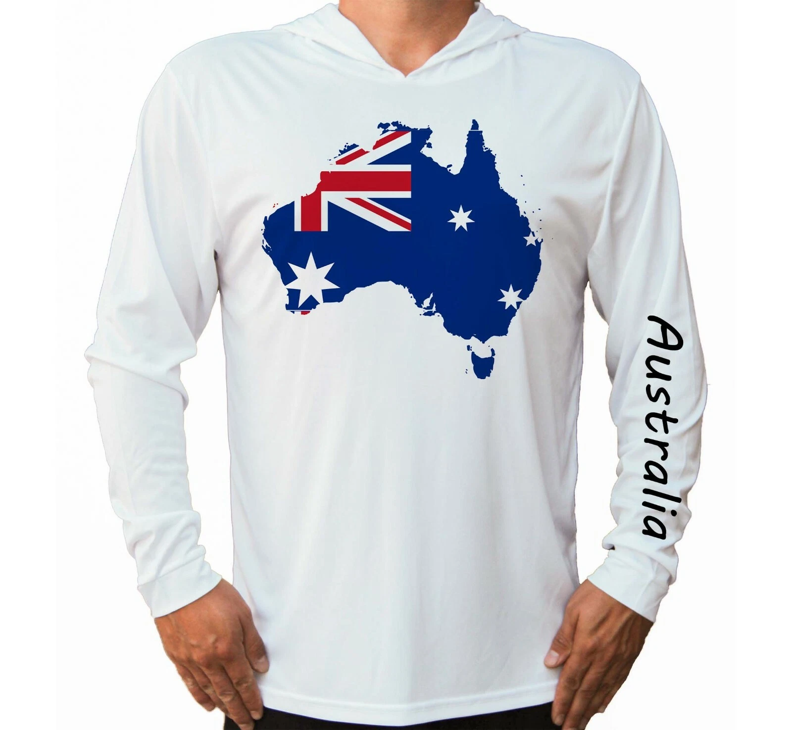 Australia Flag Map Boat Fishing UV Protected UPF 50 Long Sleeve T-Shirt Hood Sun