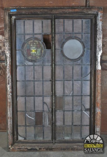 Salvaged City of Philadelphia Leaded Glass Window in Metal Casement, 78.8"H