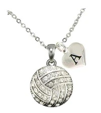 Custom Crystal Volleyball Silver Chain Necklace Choose Initial Charm All 26