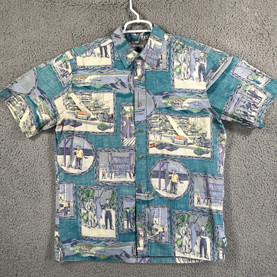 Bluewater Wear Sport Fishing Trophy Postcard Hawaiian Tropical Shirt L Beach