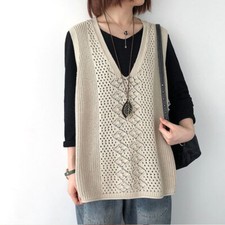 Lady Sleeveless Knitted Vest Loose Hollow Out V-neck Solid Tops Breathable Tops