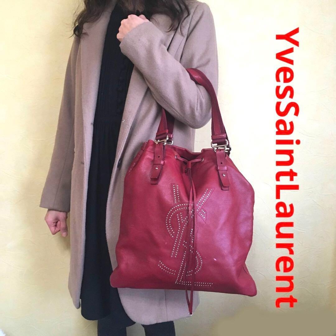 Borsa tote Yves Saint Laurent Kahala borchie pelle rossa logo YSL autentica KI1