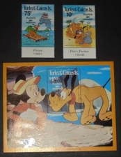 TURKS & CAICOS IS. DISNEY MNH PLUTOS 50TH ANN. SET OF 2 STAMPS ONE SOUV. SHEET 