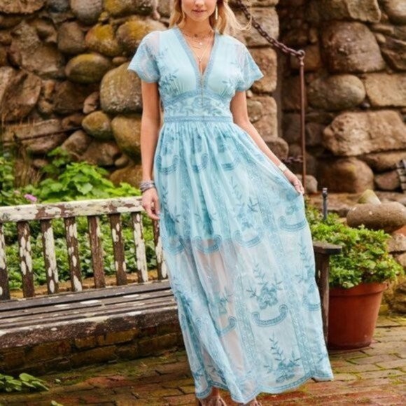altar'd state blue lace dress Altar'd State Short Sleeve Embroidered Sheer Boho Lace Catania Maxi Dr –  Baystate Boutique & Consignment main image 0