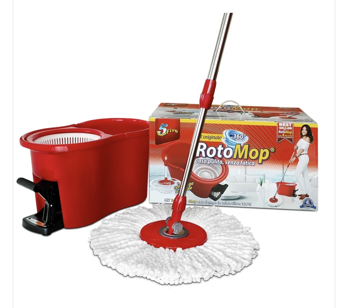 SUPERFIVE ROTOMOP con Pedale Rotante in Microfibra con Secchio ROTO MOP + 4  RIC