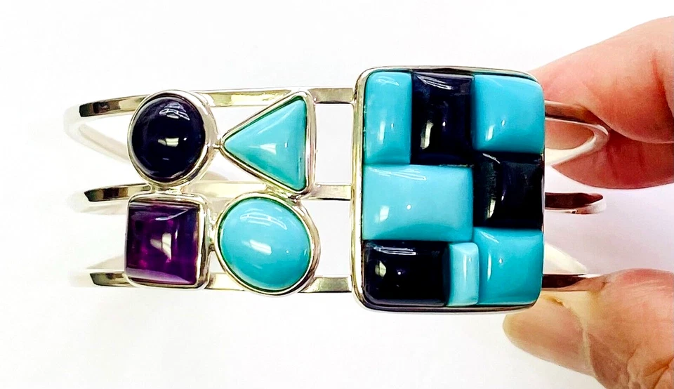 HSN Jay King 纯银画廊系列绿松石和紫水晶袖口手链  — 第 4/4 张图片