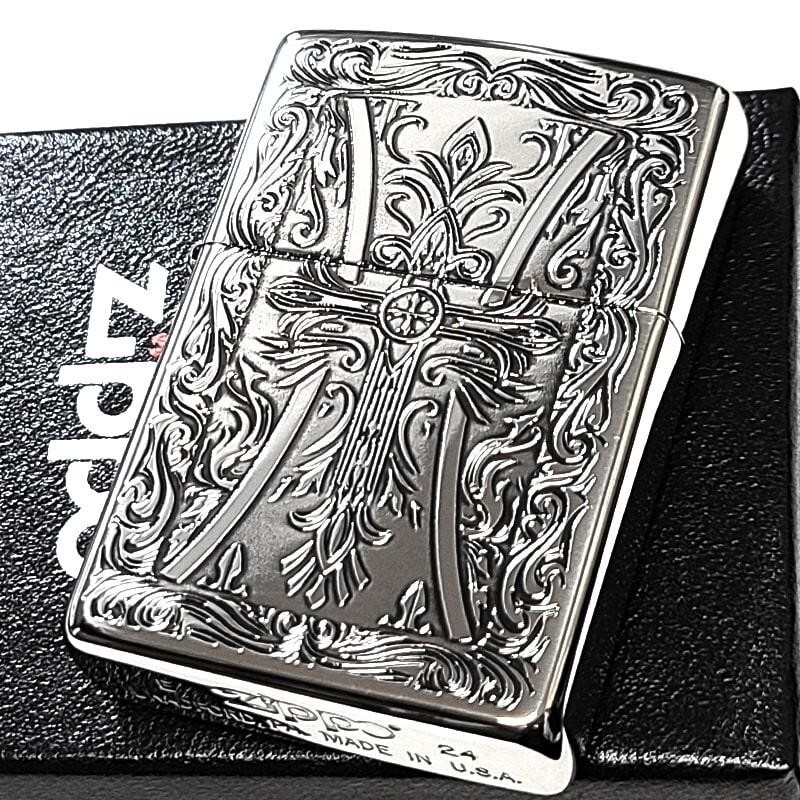 Zippo Arabesque Cross Medieval Pattern Silver Etching One Sided