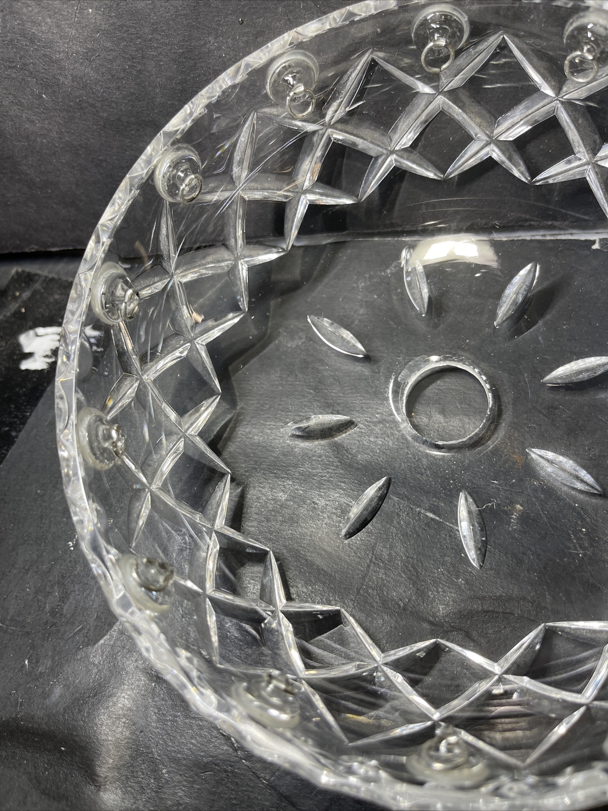 VINTAGE 6” PRESSED CRYSTAL BOBECHE W/14 CRYSTAL HOLDERS IN SILVER eBay