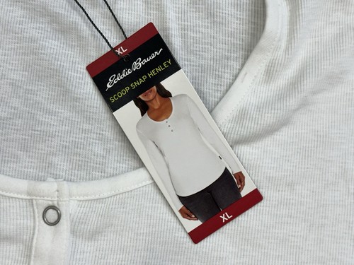NWT Eddie Bauer Woman XL White Cotton Scoop Neck Snap Long Sleeve Henley Top - Picture 4 of 6