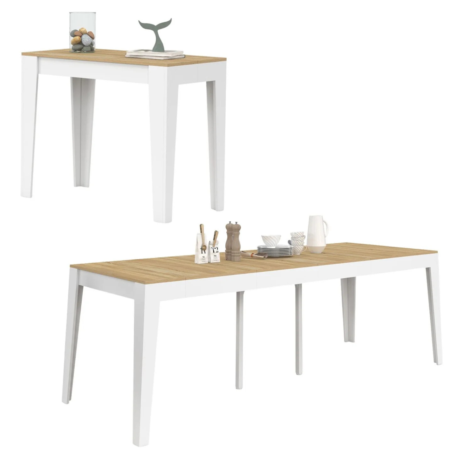 Table console extensible MICHEL 10 places gain de place en bois hêtre et blanc