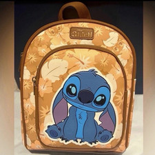 Disney Stitch Backpack Brown Floral Print Zip, Adjustable Straps Top Handle